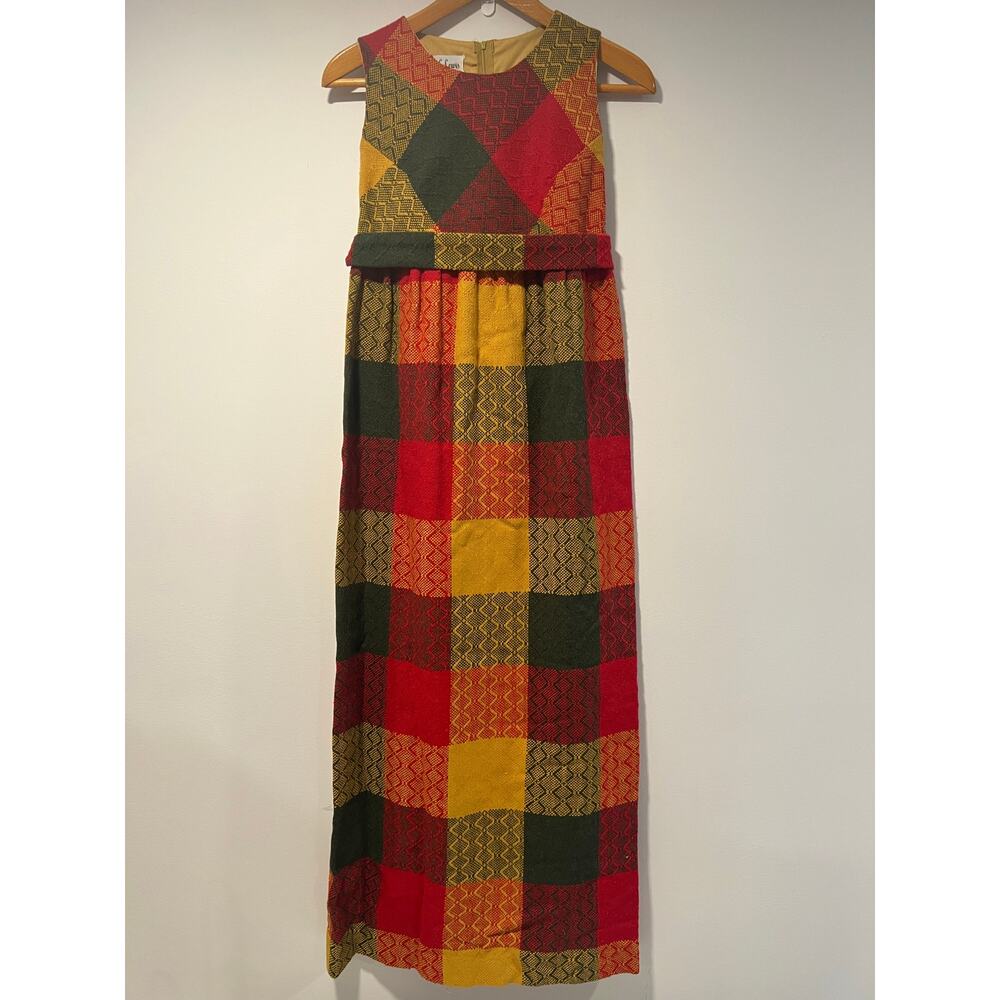 Vintage 1960s-70s Patchwork Plaid Sleeveless Maxi Dress w Belt Red Yellow Sm JL - Picture 4 of 11